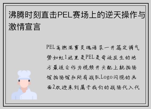 沸腾时刻直击PEL赛场上的逆天操作与激情宣言