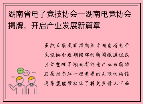 湖南省电子竞技协会—湖南电竞协会揭牌，开启产业发展新篇章
